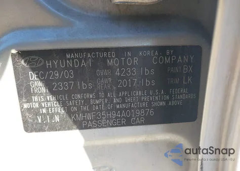 2004 Hyundai Sonata Gls/Lx z USA, uszkodzony, nr VIN KMHWF35H94A019876